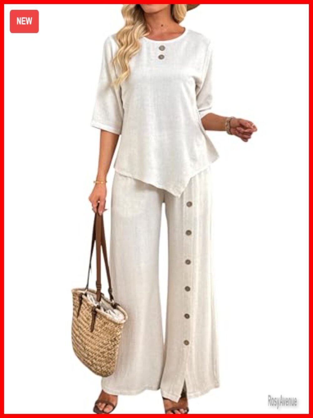 Women's Linen Blend 2 Piece Outfit 3/4 Sleeve Top Wide Leg Pants Set